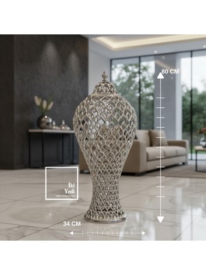 İki Yedi Konsept Bethany Gümüş Gri Renk Döküm Metal Işlemeli Büyük Boy Dekoratif Yer Vazosu 80 cm Salon Giriş Dekoru