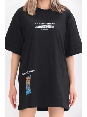 Dua Giyim Unisex Bisiklet Yaka Baskılı Oversize T-Shirt - Siyah