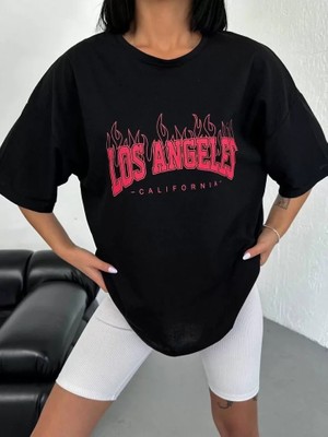 Dua Giyim Unisex Bisiklet Yaka Baskılı Oversize T-Shirt - Siyah