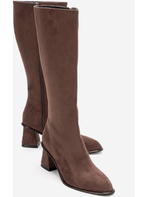 Luvi Paradis Kahverengi Süet Kadın Kalın Topuklu Çizme