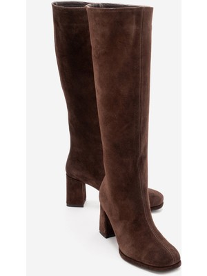 Luvi Javen Kahverengi Süet Hakiki Deri Kadın Kalın Topuklu Çizme