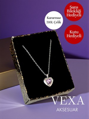 Vexa Aksesuar Amora Kalp Model Taşlı Kararmaz 316L Ithal Çelik Kolye - Kutu ve Şans Bilekliği Hediye