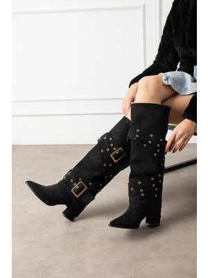 Shoetek Sysa Kadın Çizme Körüklü Çapraz Kemerli Tokalı Siyah Süet