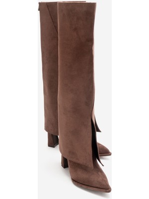 Luvi Aja Kahverengi Süet Kadın Kalın Topuklu Çizme Olabilen Bot