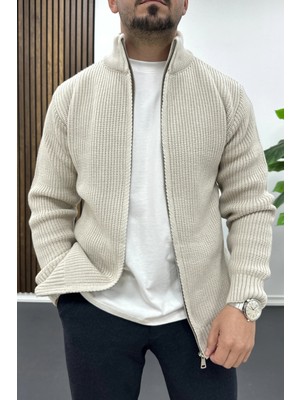 Edwox Erkek Slim Fit Fermuarlı Hırka Vizon EDW434