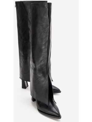 Luvi Aja Siyah Cilt Kadın Kalın Topuklu Çizme Olabilen Bot