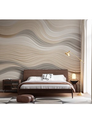 Grown Bej Krem Tonlarda Dalgalı Çizgili Soyut Duvar Kağıdı