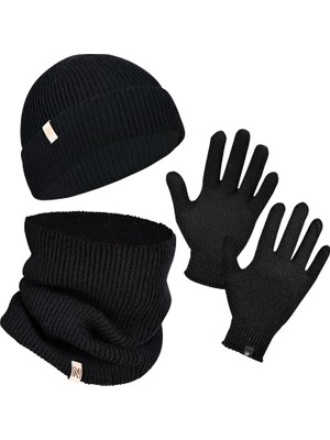 Norfolk Winter Set %70 Merino Yünü Termal Bere Boyunluk ve Eldiven 3'lü Kış Seti - Siyah