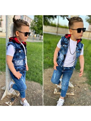 Burçak Butik Erkek Çocuk Kapüşonlu Kot Yelek / Kot Pantolon / Suprem Tişört 3'lü Takım - Bayramlık