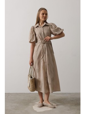 Dua Giyim Balon Kol Kemerli Brode Elbise - Taş