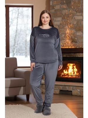 Remsa Büyük Beden Kadın Kadife Pijama Takımı 25393 Antrasit