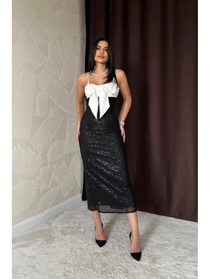 Dua Giyim Siyah Önü Fiyonklu Garnili Elbise