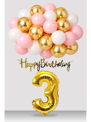 Tedaks Retro Gold Pembe Beyaz Balon Happy Birthday Banner Gold Rakam Doğum Günü Süsü