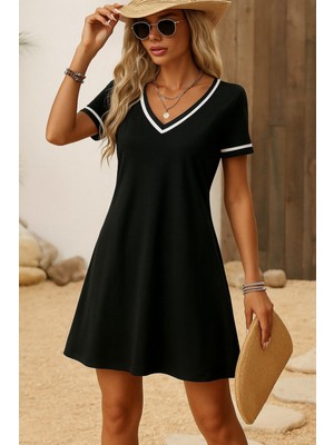 Dua Giyim Kadın Kısa Kollu V Çizgili Yakalı Kısa Viskon Elbise