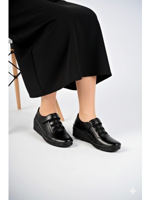 Kaof Shoes Kadın Siyah Ortopedik Anne Ayakkabısı Kaymaz Taban Klasik Ayakkabı Anne Babet Günlük Ayakkabı