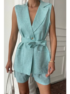 Dua Giyim Keten Yelek - Şort Takım - Mint