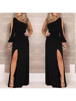 Dua Giyim Tek Omuz Açık Derin Yırtmaçlı Krep Tam Boy Elbise