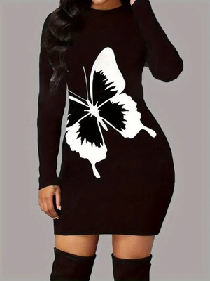 Dua Giyim Kadın Uzun Kollu Bisiklet Yaka Kelebek Desenli Kısa Viskon Iki Iplik Elbise