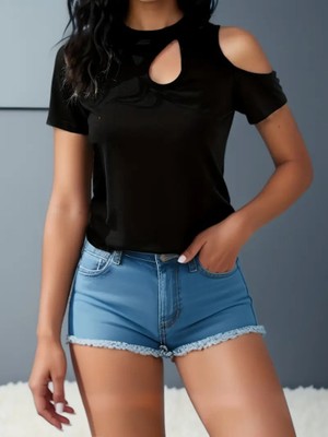 Dua Giyim Kadın Kısa Kollu Tek Omuzu Açık Damla Detaylı Viskon Bluz