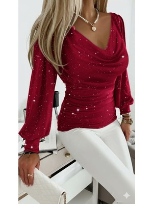 Dua Giyim Kadın Uzun Kollu Degaje Yaka Taşlı Sandy Bluz
