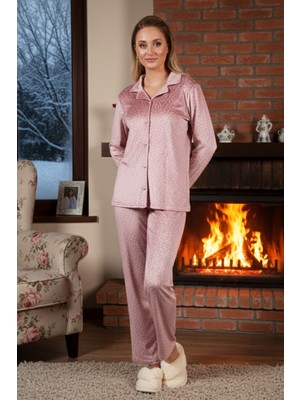Remsa Kadın Önü Düğmeli Kadife Pijama Takımı 25361 Pudra