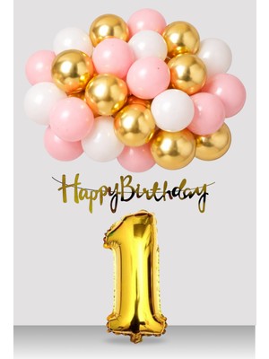 Tedaks Retro Gold Pembe Beyaz Balon Happy Birthday Banner Gold Rakam Doğum Günü Süsü