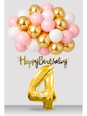 Tedaks Retro Gold Pembe Beyaz Balon Happy Birthday Banner Gold Rakam Doğum Günü Süsü