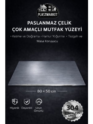 Plastmarket Paslanmaz Çelik Tezgah Üstü Kesme Tahtası, Hamur Yoğurma Tahtası, Tezgah Üstü Koruyucu, 80X50 cm