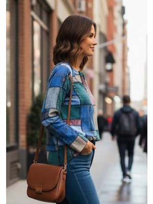 Dua Giyim Kadın Uzun Kollu Yakadan Fermuarlı Kot Görünüm Desenli Uzun Modal Bluz