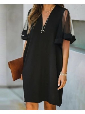 Dua Giyim Kadın Tüllü Kısa Kollu V Yaka Krep Elbise