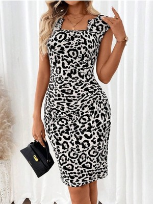 Dua Giyim Kadın Kısa Kollu Kare Yakalı Leopar Desenli Dalgıç Elbise