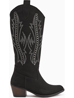 Limoya Fizaro Siyah Western Çizme Sivri Burunlu Zımba Detaylı Deri Topuklu Kadın