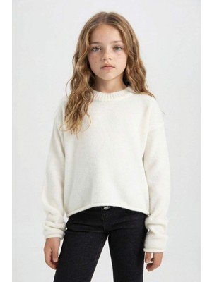 DeFacto Kız Çocuk Ekru Standart Fit Bisiklet Yaka Basic Düz Triko Kazak C6908A824AU