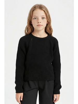 DeFacto Kız Çocuk Siyah Standart Fit Bisiklet Yaka Basic Düz Triko Kazak C6910A824AU