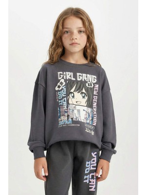 DeFacto Kız Çocuk Antrasit Oversize Geniş Kalıp Bisiklet Yaka Baskılı Sweatshirt D0610A824AU