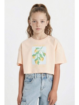 DeFacto Kız Çocuk Crop Bisiklet Yaka Baskılı Kısa Kollu Tişört D0869A824HS