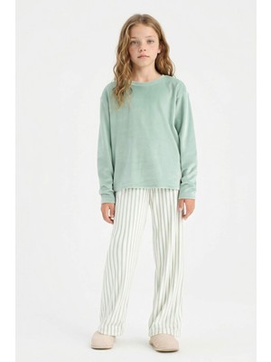 DeFacto Kız Çocuk Pijama Takımı Polar Uzun Kollu Üst Çizgili Uzun Alt D1068A825WN