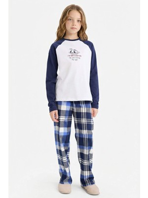 DeFacto Kız Çocuk Pijama Takımı Baskılı Uzun Kollu Üst Kareli Uzun Alt F7288A825AU