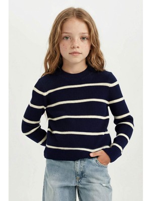 DeFacto Kız Çocuk Lacivert Çizgili Fitted Bisiklet Yaka Triko Kazak D1392A824WN