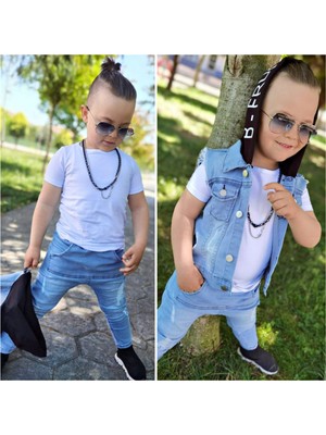 Burçak Butik Erkek Çocuk Kapüşonlu Kot Yelek / Kot Pantolon / Tişört 3'lü Kombin - Bayramlık