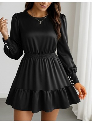 Dua Giyim Kadın Uzun Kollu Bisiklet Yaka Beli Lastikli Fırfırlı Ithal Krep Elbise