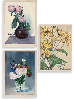 Yazline Global Vazodaki Çiçekler Üçlü Ahşap Çerçeveli Tablo 23 x 30