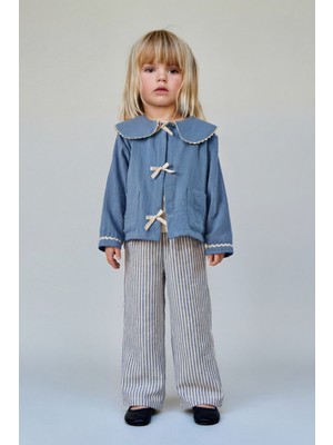 Magu Kız Çocuk Pamuklu Mavi Denizci Yakalı Bağcıklı Ceket Çizgili Pantolon Takım - Cep Detaylı
