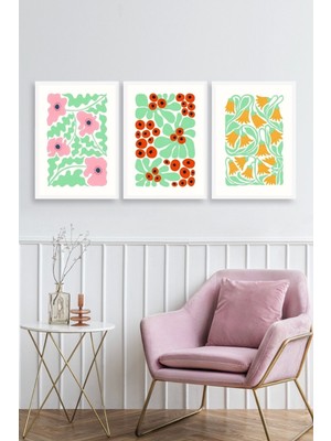 Yazline Global Çiçekler Üçlü Ahşap Çerçeveli Tablo 23 x 30