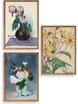 Yazline Global Vazodaki Çiçekler Üçlü Ahşap Çerçeveli Tablo 23 x 30