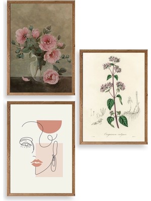 Yazline Global Çiçek Üçlü Ahşap Çerçeveli Tablo 40 x 60