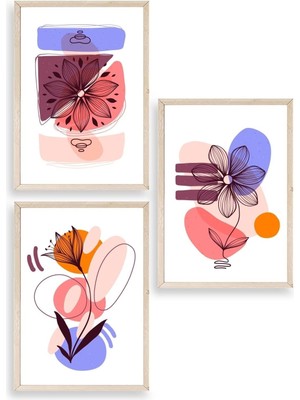 Yazline Global Çiçek Desenli Üçlü Ahşap Çerçeveli Tablo 30 x 42