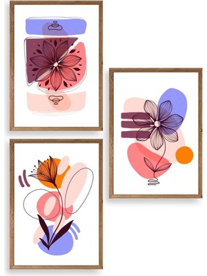 Yazline Global Çiçek Desenli Üçlü Ahşap Çerçeveli Tablo 23 x 30