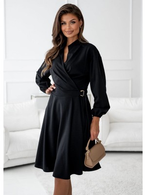 Dua Giyim Kadın Uzun Kollu Hakim V Yakalı Yandan Toka Detaylı Ithal Mini Krep Elbise