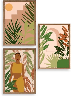 Yazline Global Düşündüren Çiçekli Üçlü Ahşap Çerçeveli Tablo 30 x 42